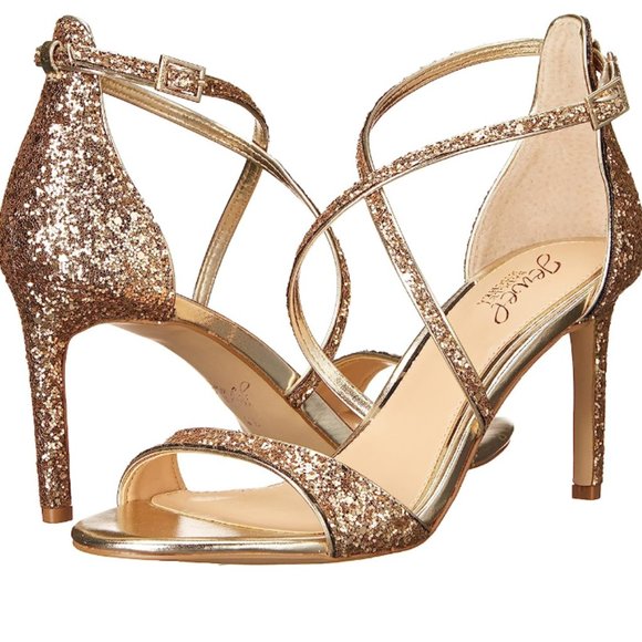 NWT Jewel Badgley Mischka Women's Dimitra Sandals Gold Glitter High Heels 9.5 - Picture 1 of 10